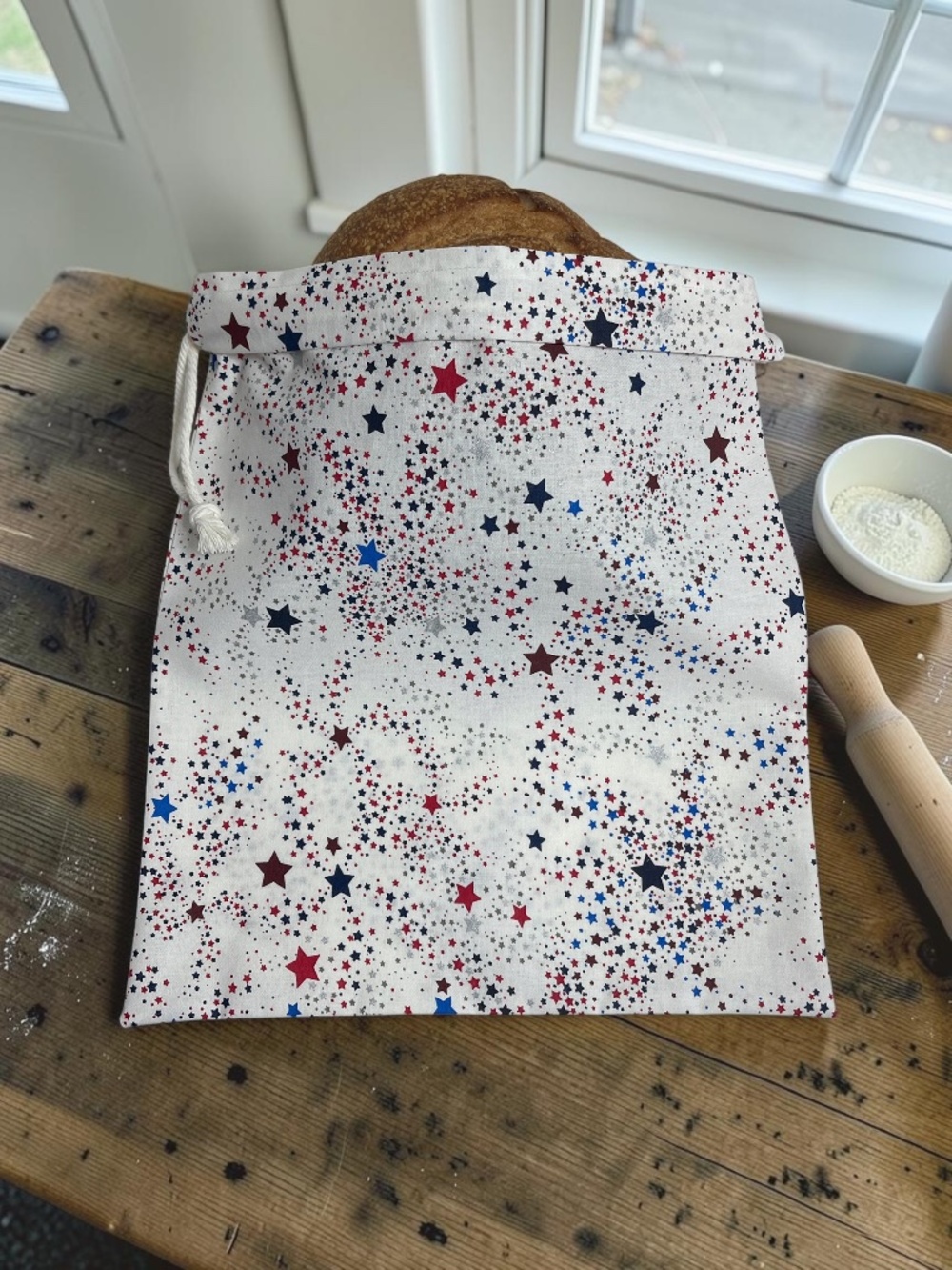 Patriotic USA Star Organic Cotton Bread Bag | Reusable Sourdough Storage Bag